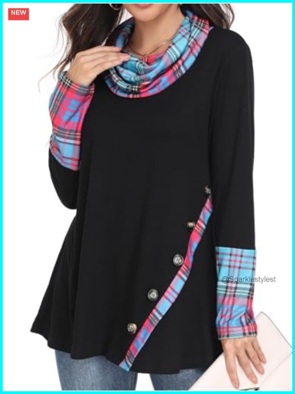 Miusey Cowl Neck Tunic Top ASYMMETRIC Hem Colorblock Long Sleeve